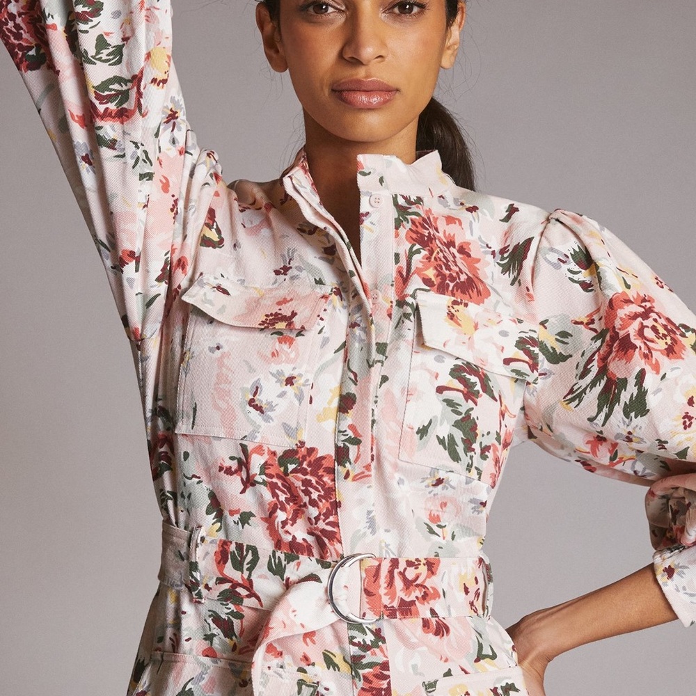 Anthropologie Floral Denim Button Up Shirt Dress